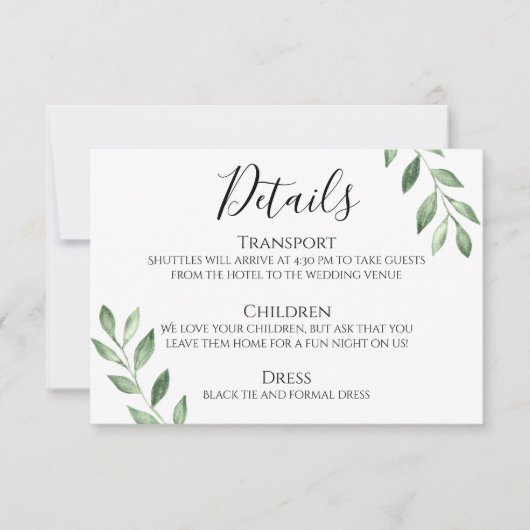 Olijfgroen Waterverf bruiloft Details Kaart (Voorkant)