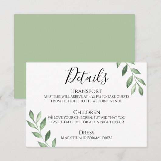 Olijfgroen Waterverf bruiloft Details Kaart (Voorkant / Achterkant)