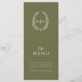 Olijfgroen wit blad ovaal monogram bruiloft menu (Voorkant)