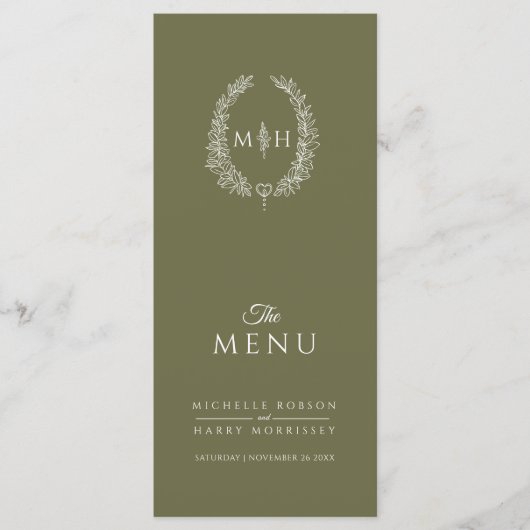 Olijfgroen wit blad ovaal monogram bruiloft menu (Voorkant)