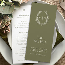 Olijfgroen wit blad ovaal monogram bruiloft menu