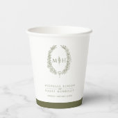 Olijfgroen wit hand getrokken blad monogram bruilo papieren bekers (Achterkant)