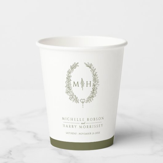 Olijfgroen wit hand getrokken blad monogram bruilo papieren bekers (Achterkant)