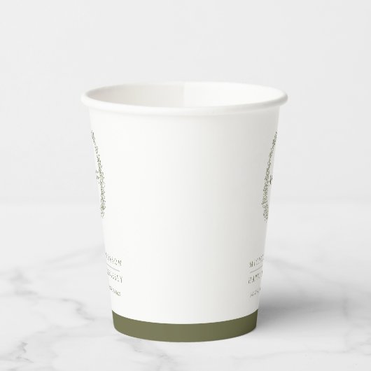 Olijfgroen wit hand getrokken blad monogram bruilo papieren bekers (Links)