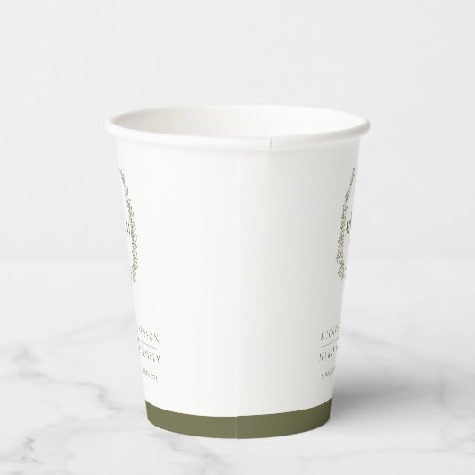 Olijfgroen wit hand getrokken blad monogram bruilo papieren bekers (Rechts)