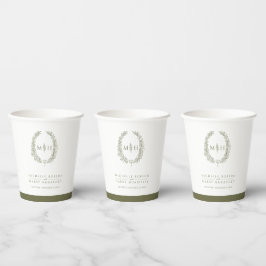 Olijfgroen wit hand getrokken blad monogram bruilo papieren bekers