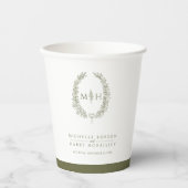 Olijfgroen wit hand getrokken blad monogram bruilo papieren bekers (Voorkant)