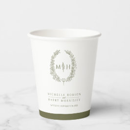 Olijfgroen wit hand getrokken blad monogram bruilo papieren bekers