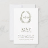 Olijfgroen wit hand getrokken blad monogram bruilo RSVP kaartje (Voorkant)