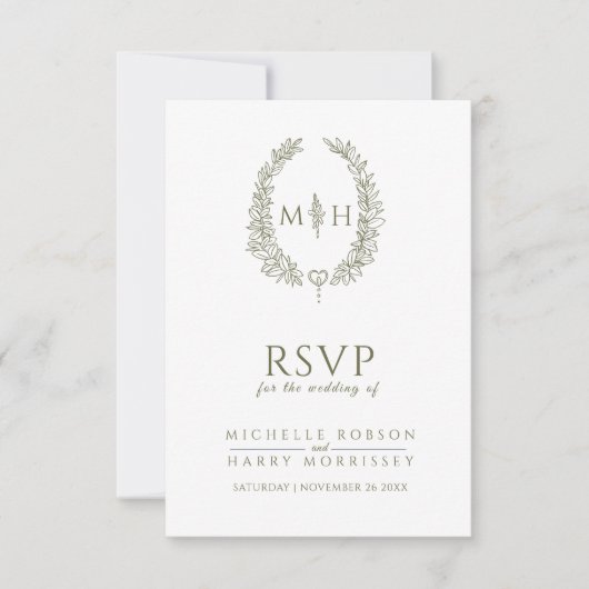 Olijfgroen wit hand getrokken blad monogram bruilo RSVP kaartje (Voorkant)