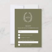Olijfgroen wit hand getrokken blad monogram bruilo RSVP kaartje (Achterkant)