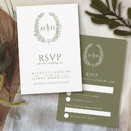 Olijfgroen wit hand getrokken blad monogram bruilo RSVP kaartje