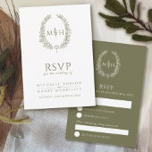 Olijfgroen wit hand getrokken blad monogram bruilo RSVP kaartje