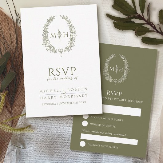 Olijfgroen wit hand getrokken blad monogram bruilo RSVP kaartje