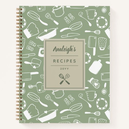 Olijfgroen wit handschrift Keukengerei Notitieboek (Voorkant)