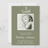 Olijfgroen Wit Lijst Monogram Baby Aankondiging (Voorkant)