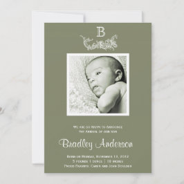 Olijfgroen Wit Lijst Monogram Baby Aankondiging