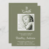 Olijfgroen Wit Lijst Monogram Baby Aankondiging (Voorkant / Achterkant)