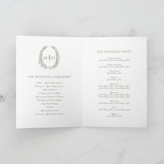 Olijfgroen wit ovaal blad monogram kunst bruiloft programma (Binnen)