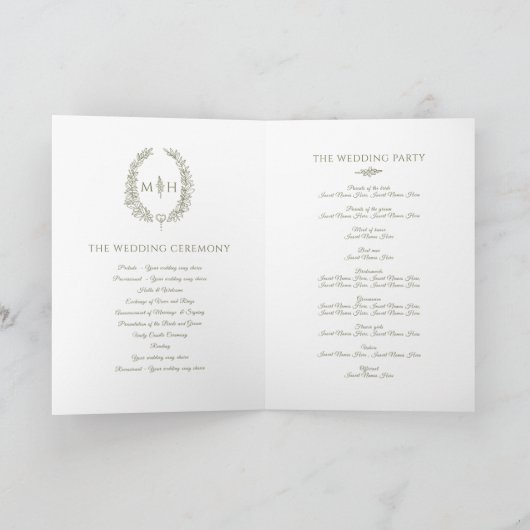 Olijfgroen wit ovaal blad monogram kunst bruiloft programma (Binnen)