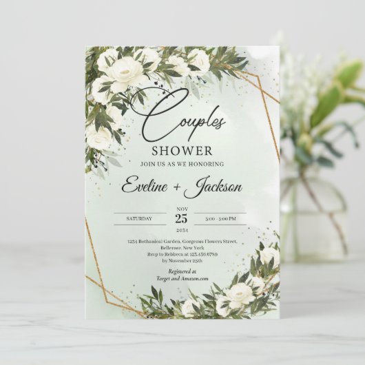 Olijfgroen wit rozen gouden lijsten paren kaart (Staand voorkant)