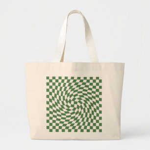 Olijfgroen & wit verwrongen geruite patroon grote tote bag