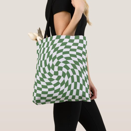Olijfgroen & wit verwrongen geruite patroon tote bag (Dichtbij)