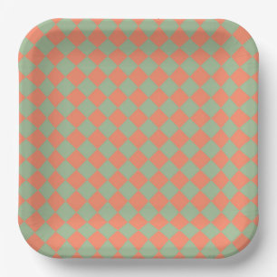 Olijfgroen Zalm Roze Geruit Diamant Patroon Papieren Bordje