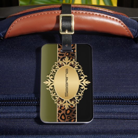 Olijfgroen, zwart en luipaard — Dierafdrukken Bagagelabel (Voorkant Insitu 2)