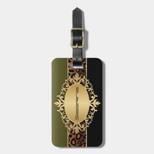 Olijfgroen, zwart en luipaard — Dierafdrukken Bagagelabel (Voorkant verticaal)