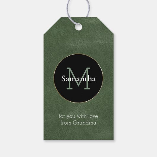 Olijfgroen Zwart Wit Goud Monogram Kerstmis Cadeaulabel (Voorkant)