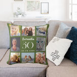 Olijfgroene aangepaste fotocollage verjaardag kussen<br><div class="desc">Een uniek cadeau voor een 21e verjaardag,  het vieren van haar leven met een collage van 8 van uw eigen foto's,  afbeeldingen. Personaliseer en voeg haar naam,  leeftijd en datum toe. Olijfgroene achtergrondkleur,  witte tekst. De naam is geschreven met een modern handschrift.</div>