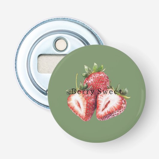 Olijfgroene aardbeien Bes zoet   Button Flesopener (Voorkant)