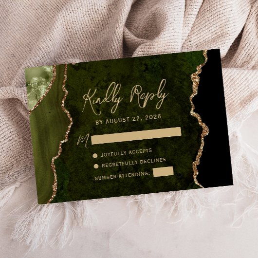 Olijfgroene agaat gouden script bruiloft RSVP kaartje