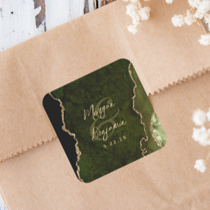 Olijfgroene agaat gouden script bruiloft vierkante sticker