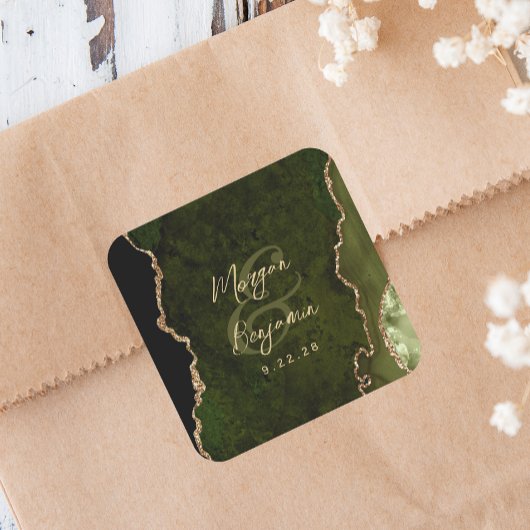 Olijfgroene agaat gouden script bruiloft vierkante sticker
