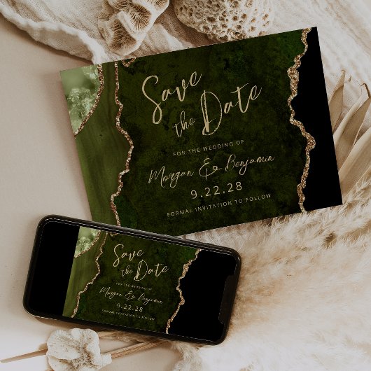 Olijfgroene Agate Schrift Trouw Save the Date