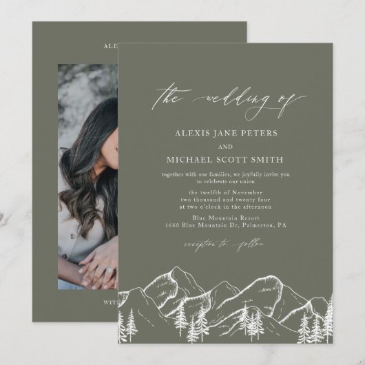 Olijfgroene bergen Outdoor Pine Tree Bruiloft Kaart (Voorkant / Achterkant)