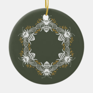Olijfgroene bijencirkel keramisch ornament