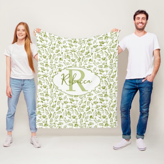 Olijfgroene blad fles mediterraan monogram fleece deken (In situ)