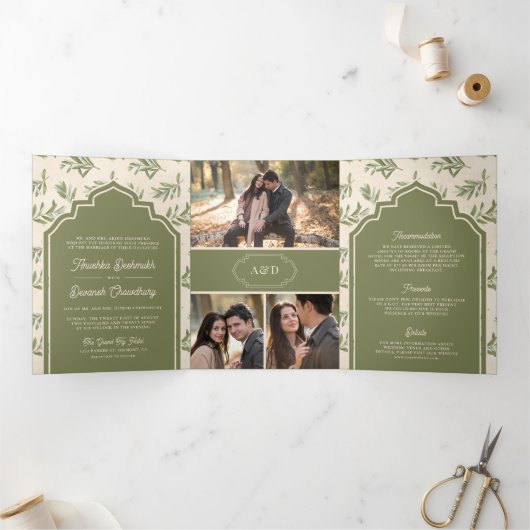 Olijfgroene bladeren Alles in een Indiase bruiloft Drieluik Uitnodiging (Binnen)