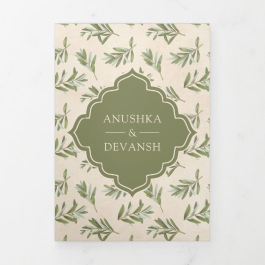 Olijfgroene bladeren Alles in een Indiase bruiloft Drieluik Uitnodiging (Cover)