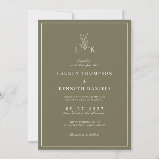 Olijfgroene bladmonogram QR-code bruiloft Kaart (Voorkant)