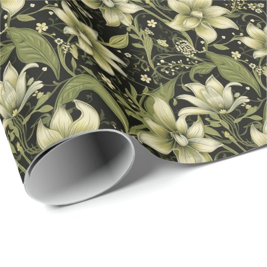Olijfgroene bloemen cadeaupapier (Rol Hoek)