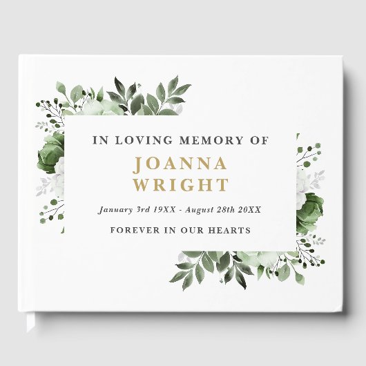 Olijfgroene bloemen in liefdevolle herinnering beg gastenboek (Voorkant)