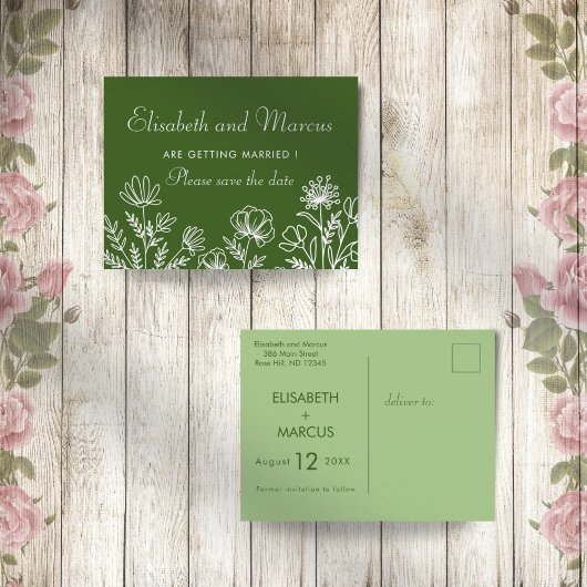 Olijfgroene bloemenbruiloft bewaar de datumkaart briefkaart