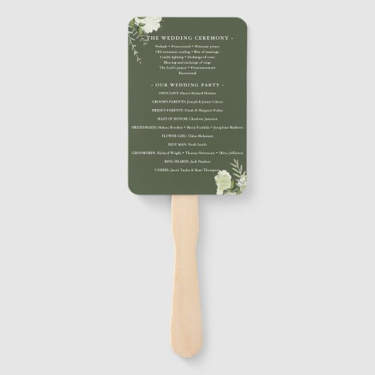 Olijfgroene bloemenslinger huwelijksprogramma handwaaier (Achterkant)