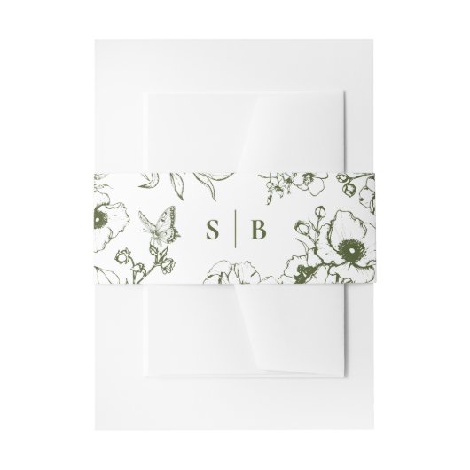 Olijfgroene bloementuin monogram bruiloft uitnodigingen wikkel (Voorkant Voorbeeld)