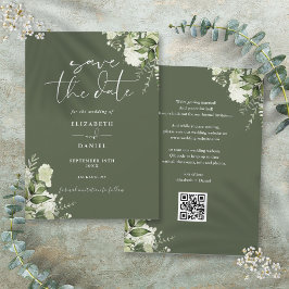 Olijfgroene bloemige gebladerte QR-code trouwfeest Save The Date
