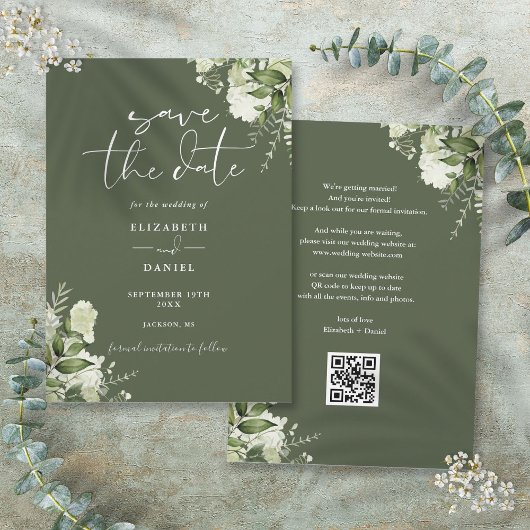 Olijfgroene bloemige gebladerte QR-code trouwfeest Save The Date
